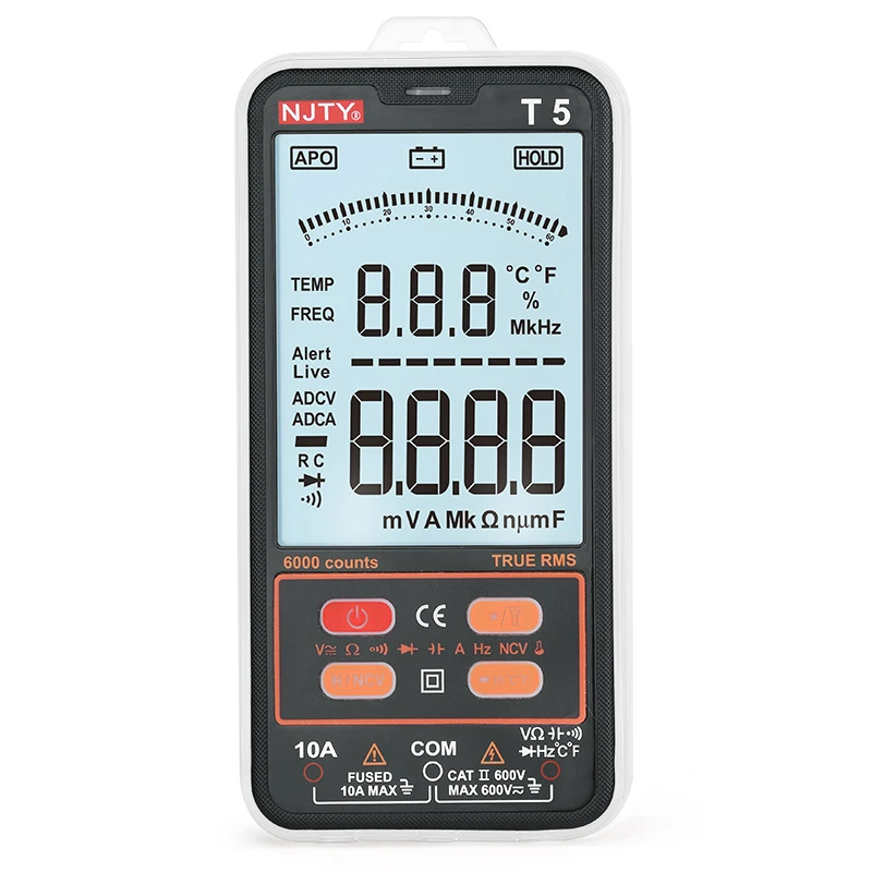 

NJTY T5 Digital Smart Multimeter True RMS NCV Voltage Meter Hz Ohm Continuity Capacitance Diode Tester Data Hold 6000 Counts