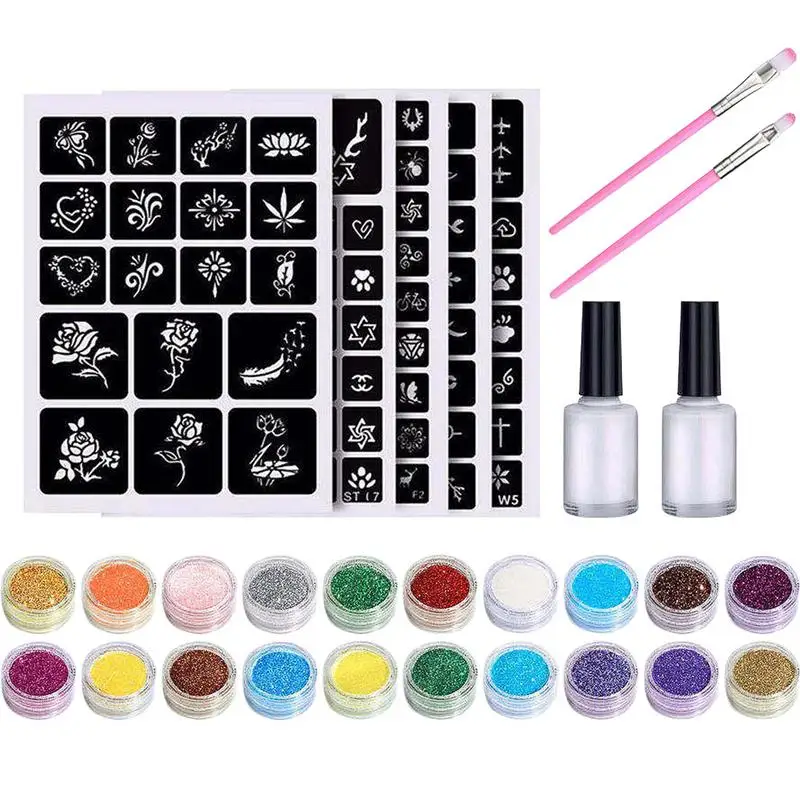 

Temporary Tatto Kit Glitter Tatto Set With 24 Glitters 120 Unique Stencils Easy To Use 5 Tatto Stencils 2 Brushes For Kids Teens