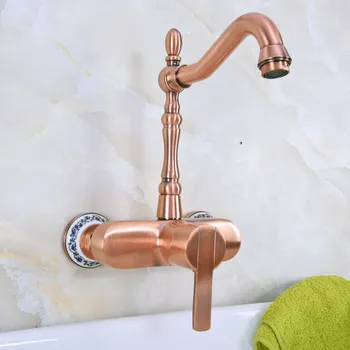 Single Handle Double Hole Wall Mount Basin Faucet Antique Red Copper Kitchen Bathroom Sink Cold And Hot Water Mixer Tap Dnf938