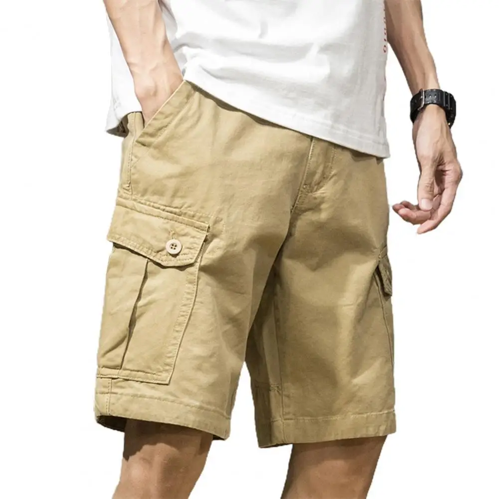 

Летние мужские шорты, модные Свободные повседневные шорты со средней посадкой и множеством карманов, однотонные прямые спортивные шорты-Карго