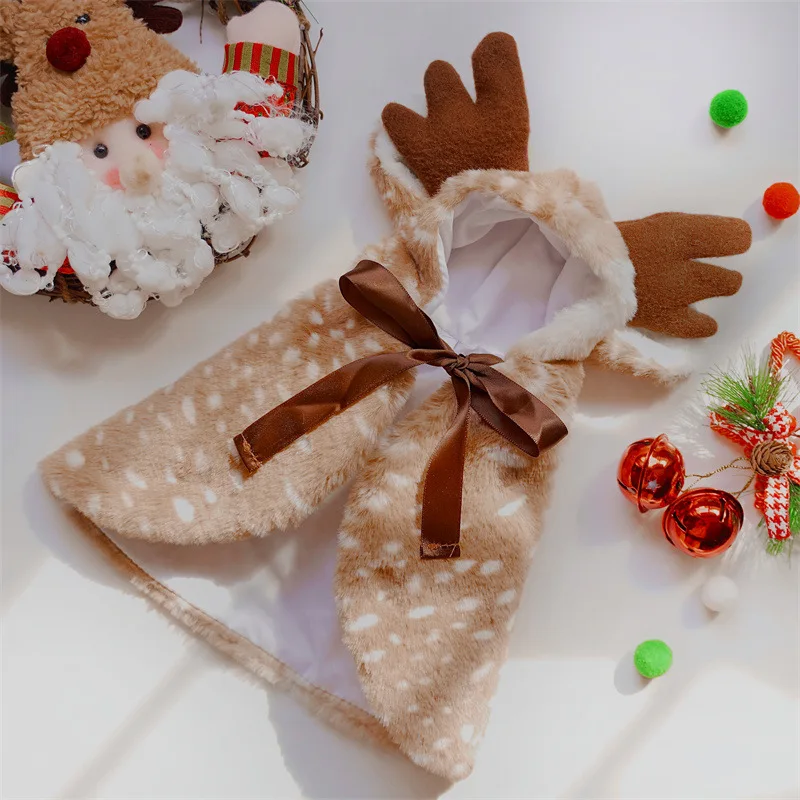 

Christmas Pet Costume Elk Cape Cape Winter Warm Dog and Cat Brown Polka Dot Plush Clothes Cosplay Hat Pet Decoration