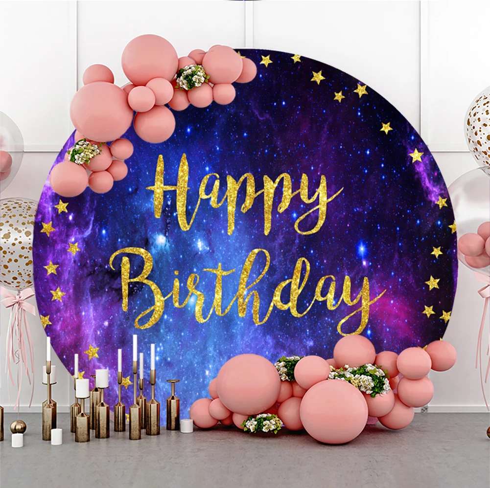 

Glitter Golden Star Happy Birthday Party Cosmic Starry Round Background Universe Space Planets Photography Backdrop Photocall