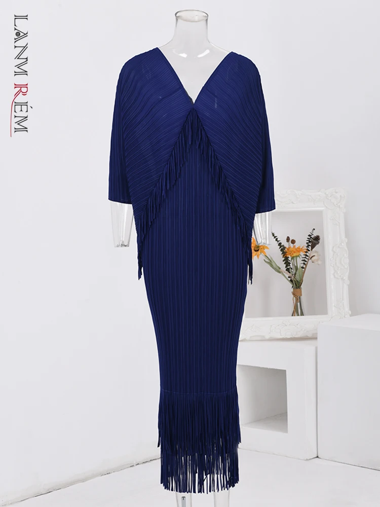 

LANMREM Elegant Women's Dress V Neck Tassel Spliced Design Solid Color Long Dresses Fashion Party 2024 Spring New 32A440