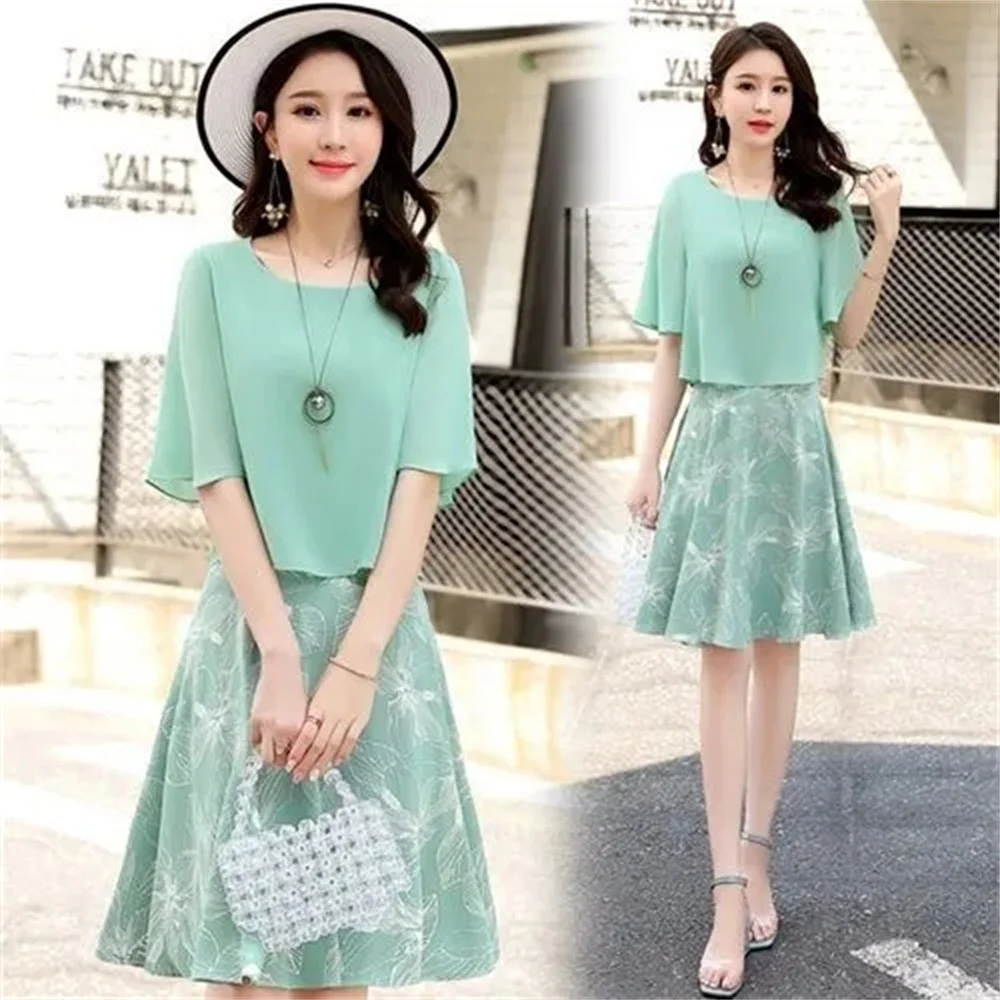 

Two-Ｐiece Set Chiffon Top Coat Women's Summer 2022 New Fashion Niche Sweet Style Slim Belly Cover Female Printing Skirt Sets