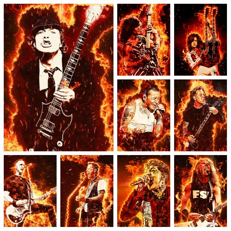 

Rock Singer Playing Guitar Diamond Painting Kit Cross Stitch Musician Fire Picture Wall Art Emoridery Gift For Bar Coffee Decor