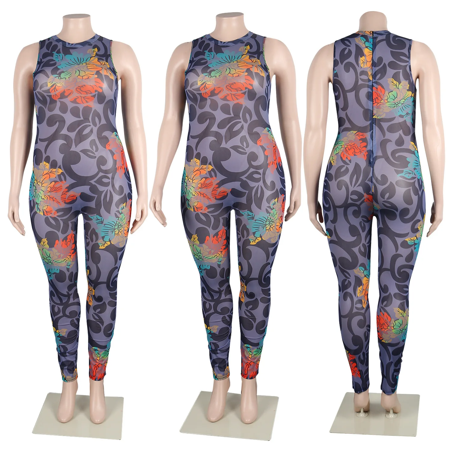 Plus Size One Piece Clothing Floral Mesh See Through Casual Outfit Women Sexy Pencil Pants 2023 Summer Female Fashion Jumpsuit
