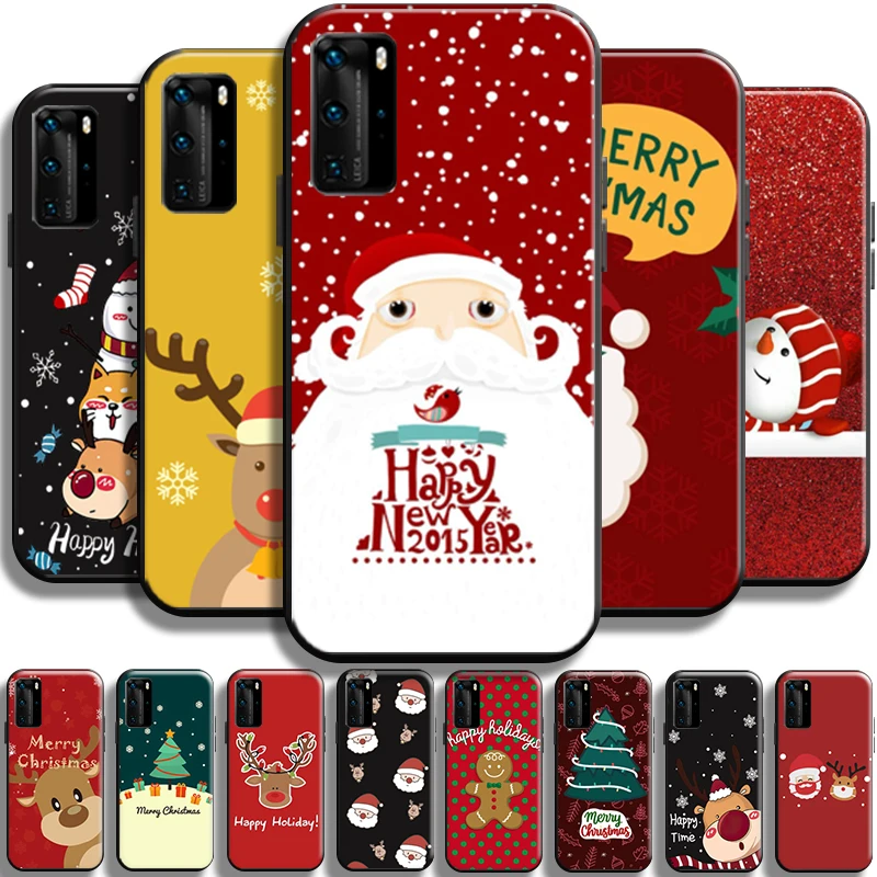 

Merry Christmas Santa Claus For Huawei P40 P40 Pro Lite 5G Phone Case Liquid Silicon Black Full Protection Back TPU Shell