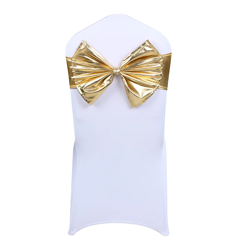10 Pcs Metallic Stretch Spandex Chair Sash Band Gold Silver  Lycra Wedding Chair Bow Free Tie For Hotel Banquet Decoration