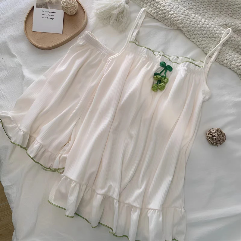 The Summer Pajamas Women's Thin Section Cool Feeling Cotton Sleepwear Suit with Square Collar Sleeveless Sling Shorts Loungewear