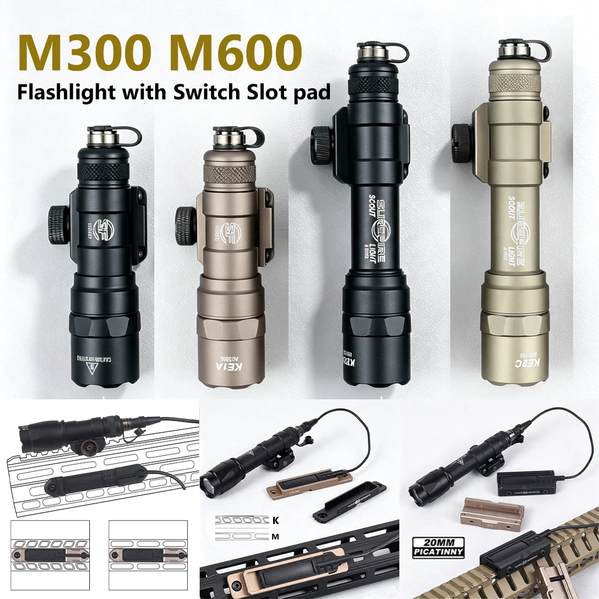 Фото Фонарь Surefire M600 M300 LED с переключателем ST07 и нажимной кнопкой, крепление на планку M/K 20 мм, алюминиевый корпус, для охотничьего оружия, белый свет. №2