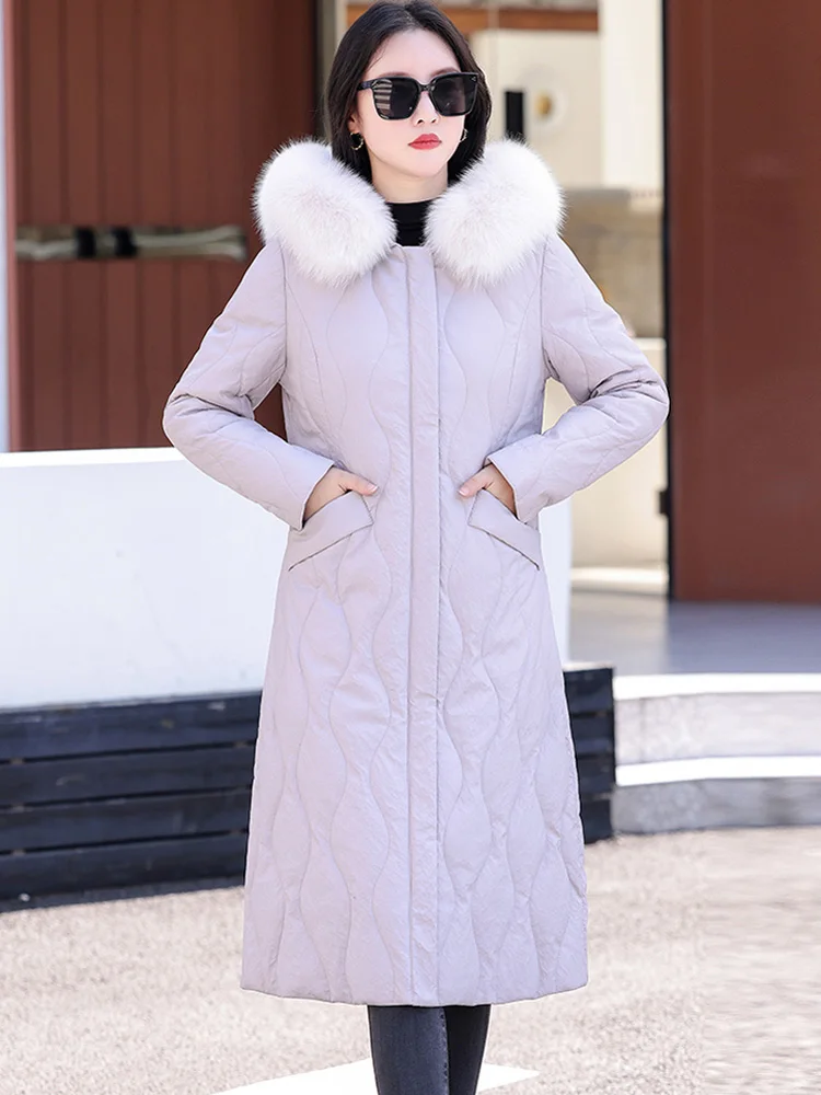 New Women Leather Down Coat Winter Casual Warm Real Fox Fur Collar Hooded Sheep Leather Down Coats Loose Long Thicken Outerwear