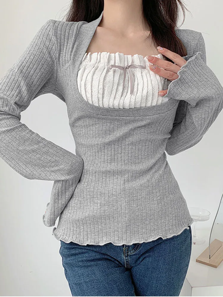 

y2k Lace Patchwork Fake Two Piece T-shirt Flare Long Sleeve Tops Spring Casual Kawaii Clothes Korean Shirt