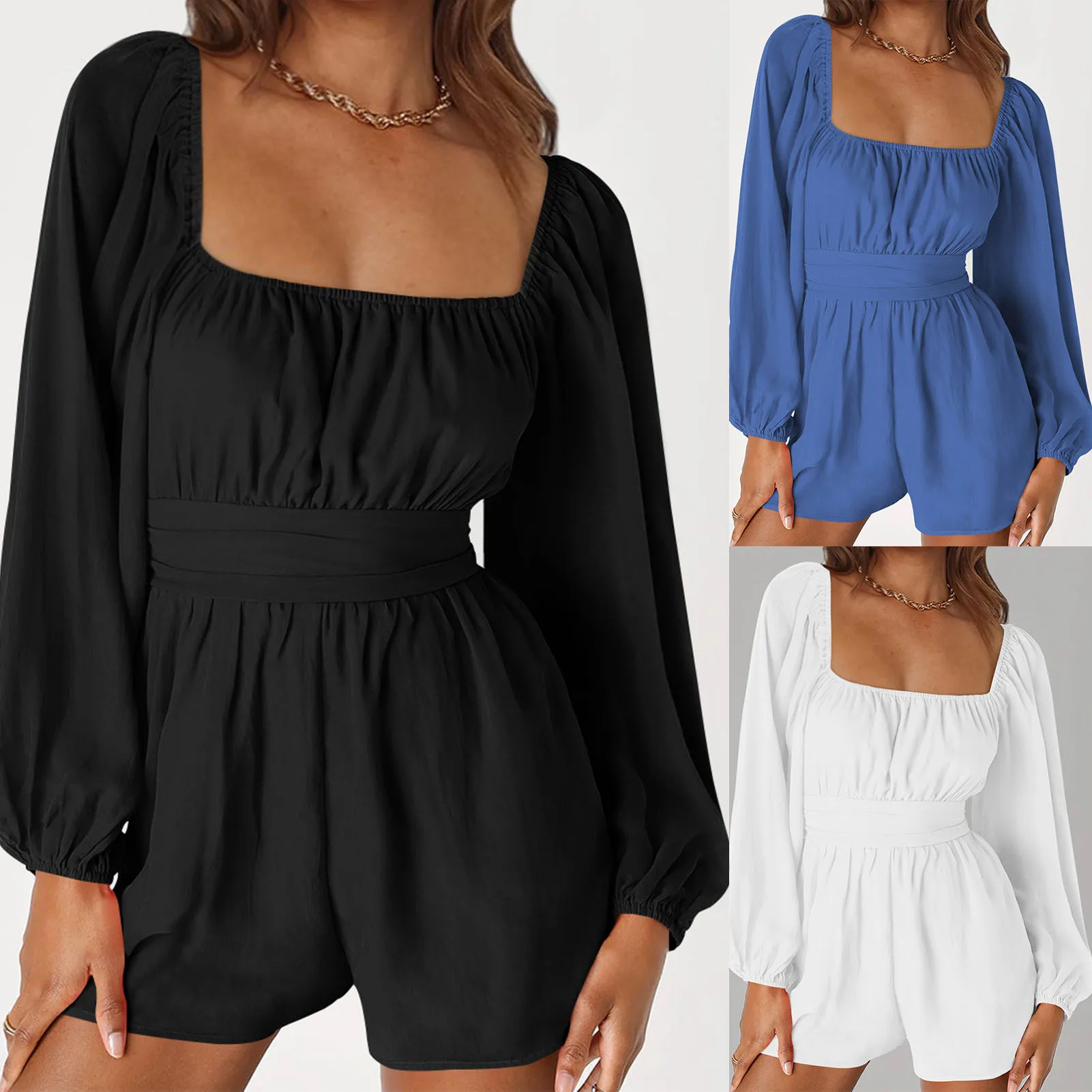 

Women Short Jumpsuit Lantern Sleeves Ruffled Boho Romper Back Tie Square Neck High Waisted Solid Color One Piece Romper Overalls