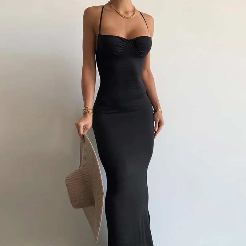 

Elegant Fashion Solid Sleeveless Slip Backless Maxi Prom Dress Sexy Bodycon Summer Women Elegant Clothes Wedding Party Club Y2K