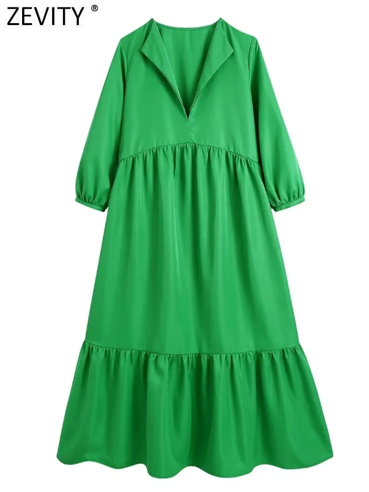 

Zevity New Women Fashion V Neck Solid Three Quarter Sleeve Hem Pleat Ruffles Green Midi Dress Office Lady Casual Vestidos DS2667