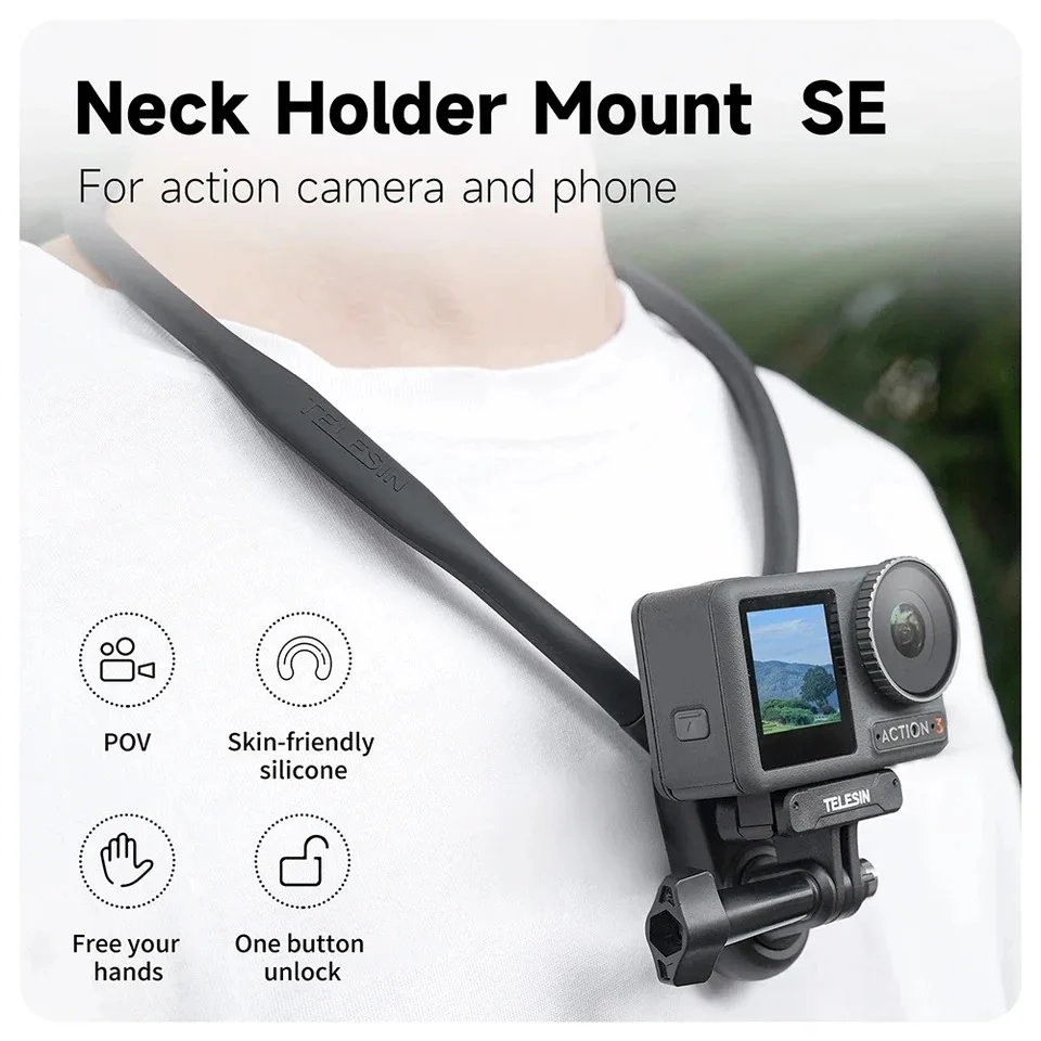 

TELESIN Silicone Neck Hold Chest Mount for GoPro Hero 11 10 9 Insta360 X3 X2 DJI Osmo Action 3 2 Phone Action Camera Accessories