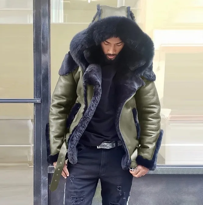 

Leather Men's Winter Jacket Thicken Velvet Fur Collar Hooded Zipper Color Block Patchwork Fashion