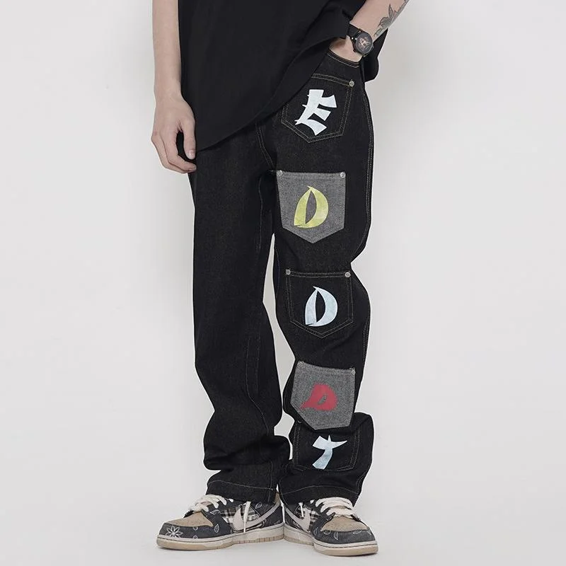 

Men's Jeans Retro Streetwear Letter Pocket Stitching Men And Women Straight Oversize Ripped Washed Denim Trousers Hip Hop Loose