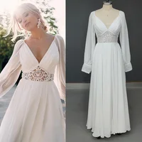 V-Neck Long Chiffon Sleeves Bridal Gown Cut Out Lace Pleated A Line Open Back Zipper Boho Off White Beach Wedding Party Dress