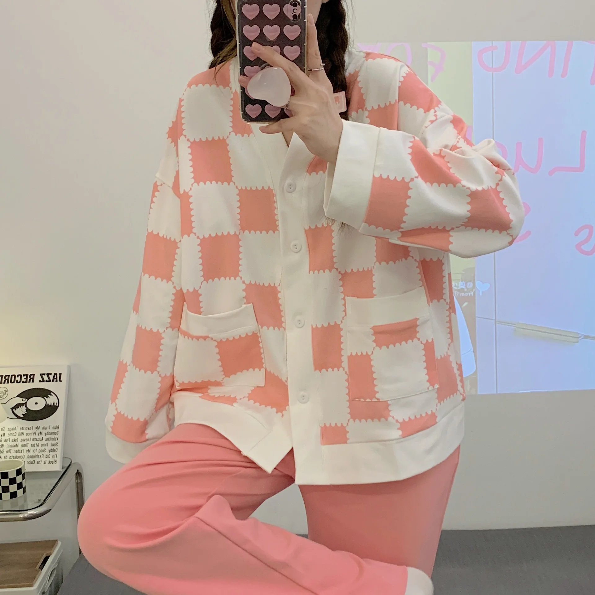 Yasuk Spring Autumn Fashion Women's Casual Soft Plaid Sleepwear Homewear Pajamas Set With Pants Sweet Lovely Girl