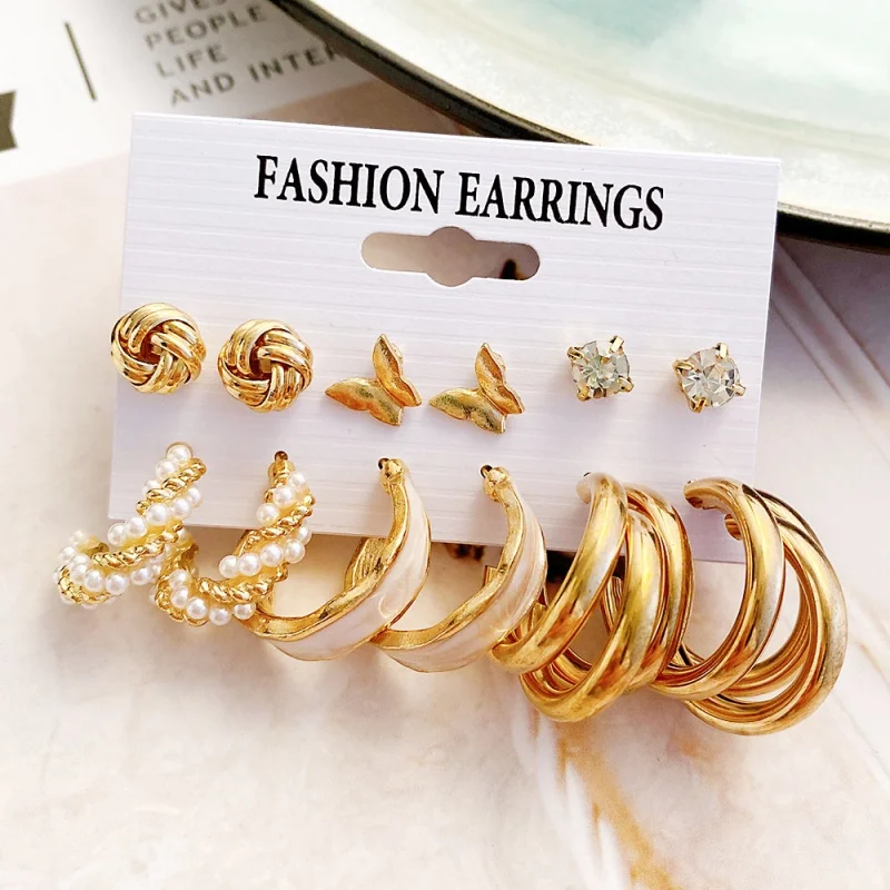 

New vintage winding pearl earrings leopard print multi-layer geometric circle butterfly love earrings jewelry