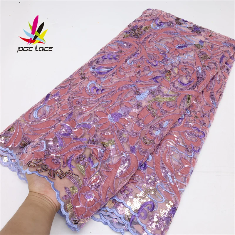 

New Arrival Sequins Velvet Lace Fabric 2022 Lace French Fabric Party Dress Nigerian 5Yards/lot For African Aso Ebi