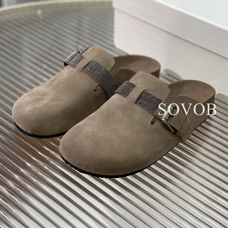 Весенне-осенние декоративные тапочки на плоской подошве с бисером женские сабо