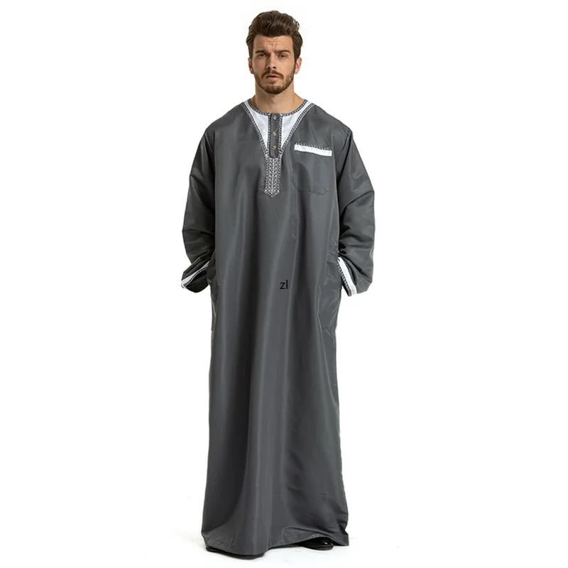 Men's Muslim Robe Daily Casual Commuter Middle East Arabian Round Neck Stitching Long Sleeve Muslim Hui Robe For Men Africa