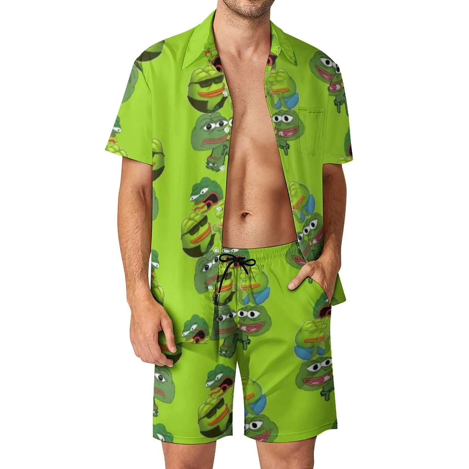 

Мужские комплекты для отпуска в виде лягушки, повседневный комплект рубашки с животным мемом, летние шорты с графическим рисунком, модный костюм из двух предметов
