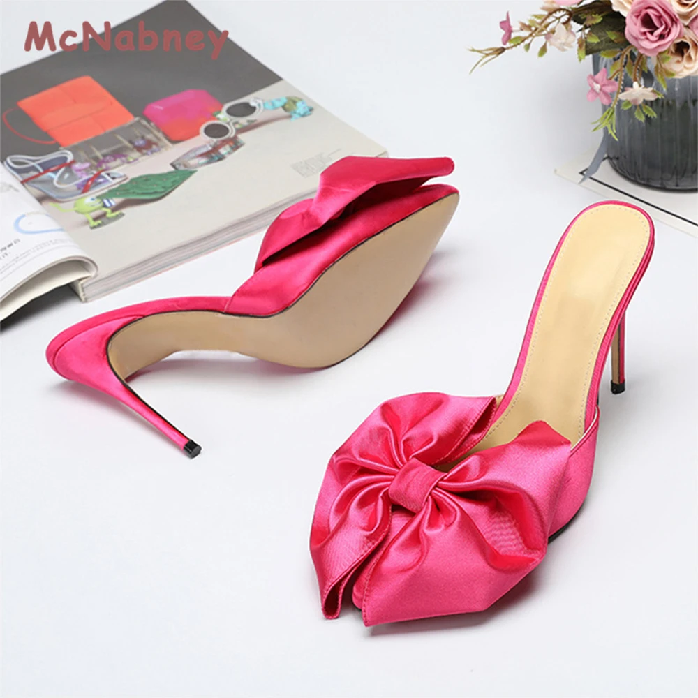 Women Summer New Pointed Toe Bow-Knot Slippers Fashion Thin High Heels Sandals Female Sexy Casual Outdoor Slides Shoes