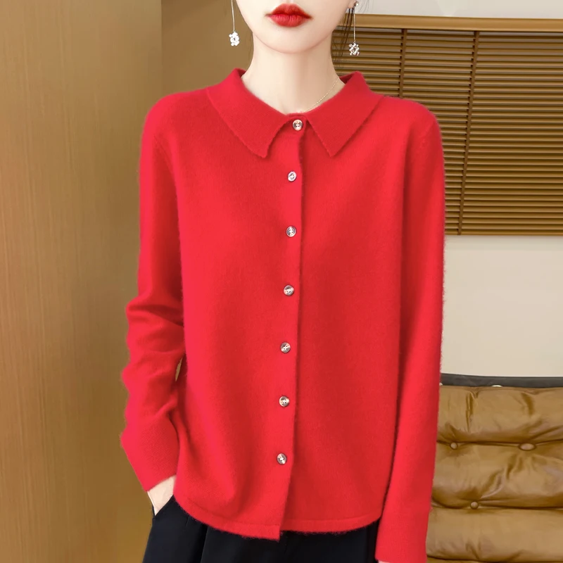 Женский Свитер Из Мериносовой Шерсти Кардиган С Воротником-поло Вязаное Теплое