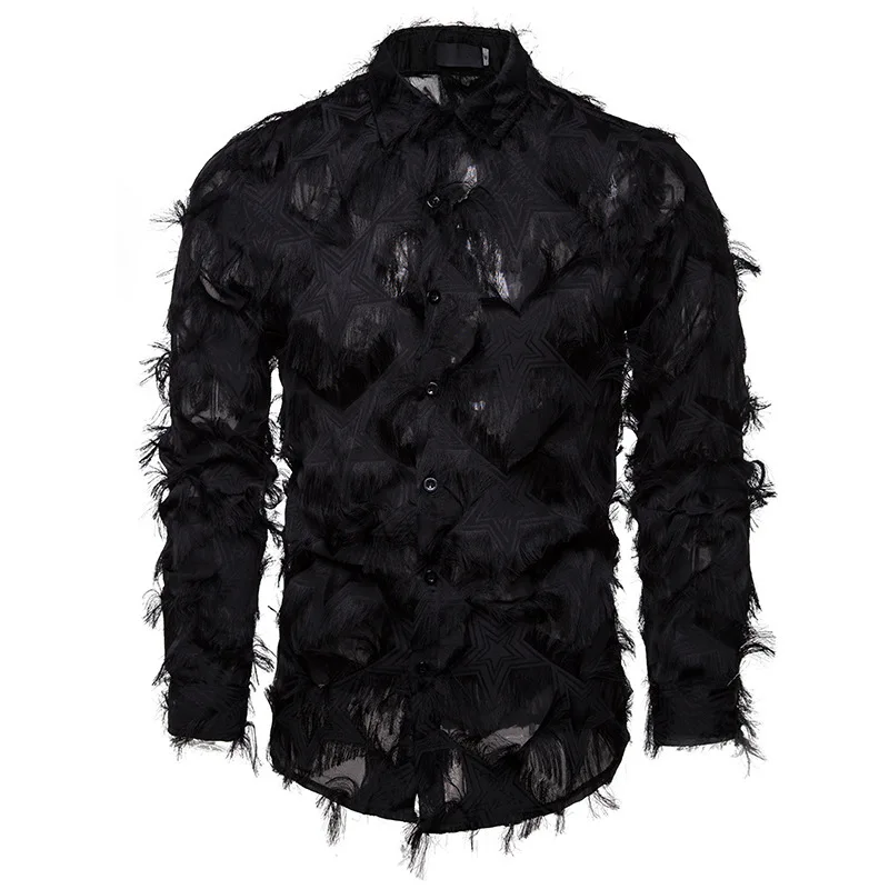 Mattswag Handmade Feather Long Sleeve Shirts For Men Stage Party Prom Men's Clothing Fashion Dress Shirts Camisas Fiestas Hombre