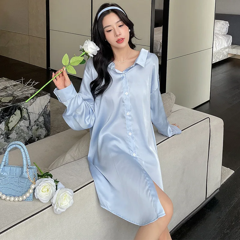 

Spring Summer Women's Solid Color Lapel Collar Short Sleeve Single Breasted Loose Nightshirt Homewear Satin Silk Sleepwear