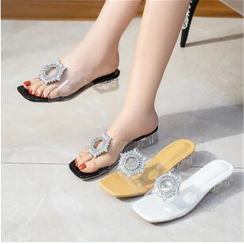 

2023 New Slippers Flash Slippers Women's High Heel Mules Thick Bottom Luxury Roman Crystal Transparent Rhinestone High Heels