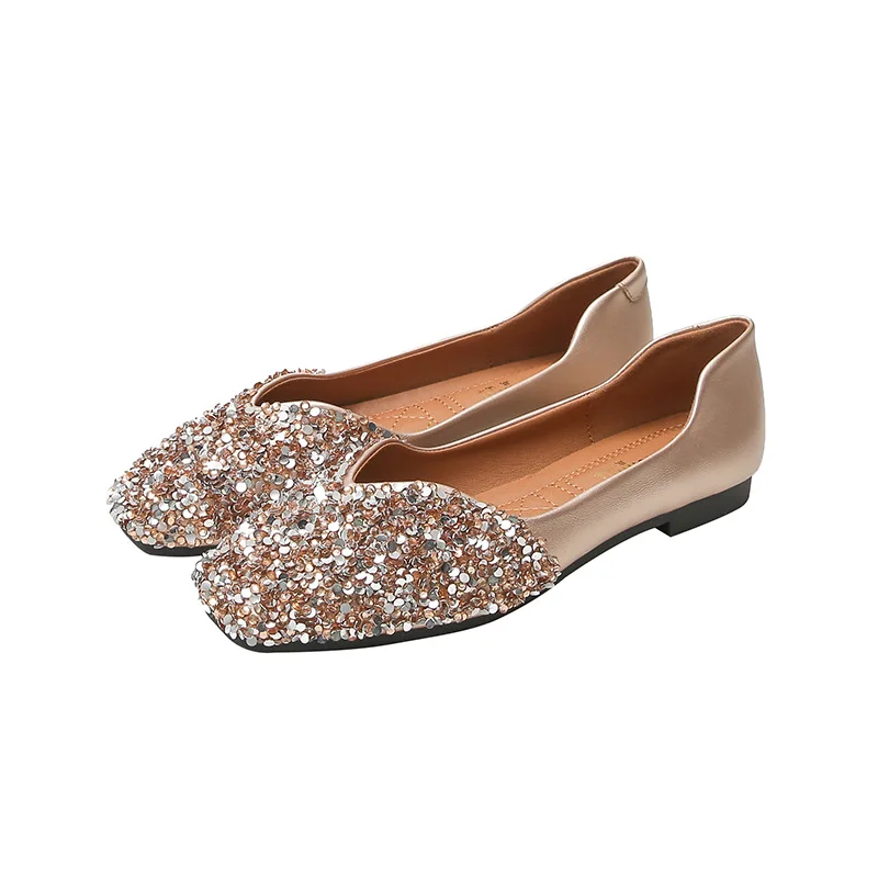 Women's Flats Square Head Shine Rhinestone Slip On Non-Slip Wedding Party Shoes