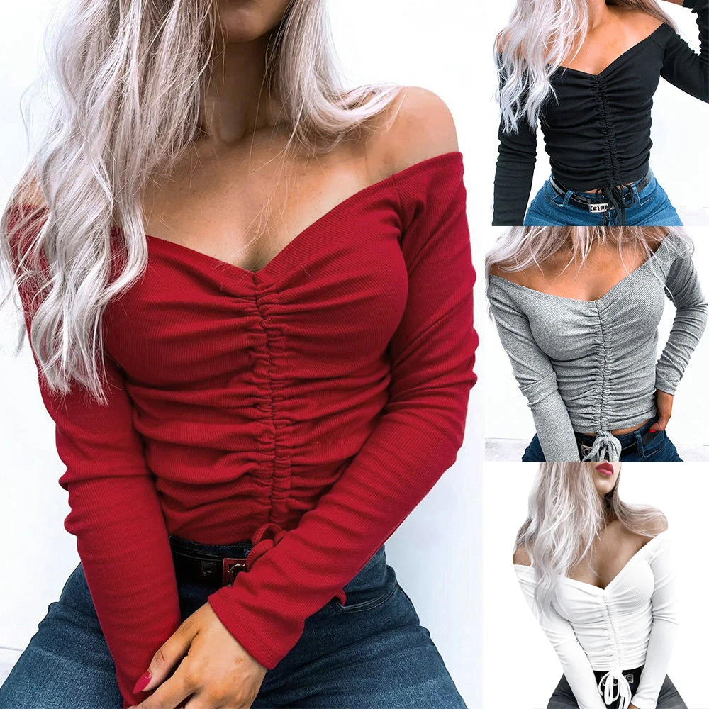 

ASDS-Women's Fashion One-Line Collar Sexy Drawstring Slim Short Long Sleeve Top