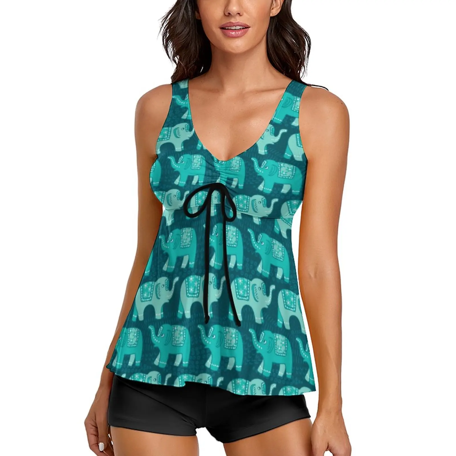 

Teal Floral Elephant Swimsuit Paisley Animal Print Tankini Swimwear Adjustable Fantasy Bathing Suit Plus Size Pool Beachwear