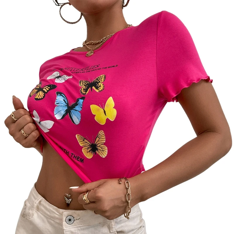 

Women Harajuku Ruffle Short Sleeve Crop Top Colorful Butterfly Graphic Letter Print T-Shirt Casual Slim Aesthetics Tees P8DB