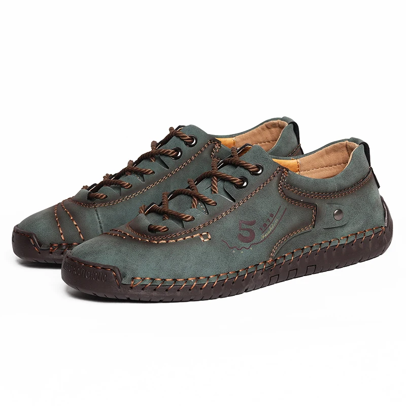 Men's Casual Shoes PU Leather Walking Shoes Fashion Women Lace Up Loafers Hand Sewing Driving Shoes Plus Size