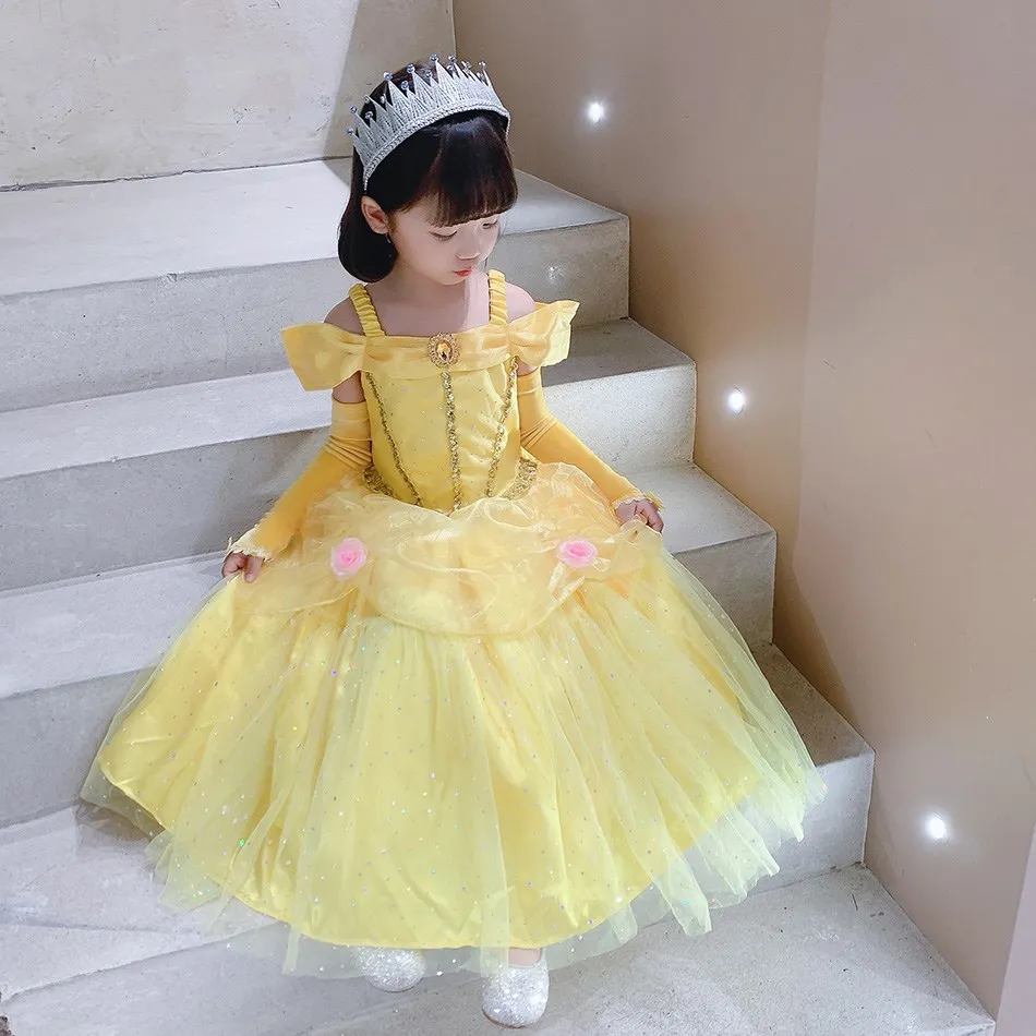 Belle Cosplay For Halloween Princess Dress Girl Dress For Beauty And The Beast Belle Costume Floral Dress Fluffy Skirt Childrean