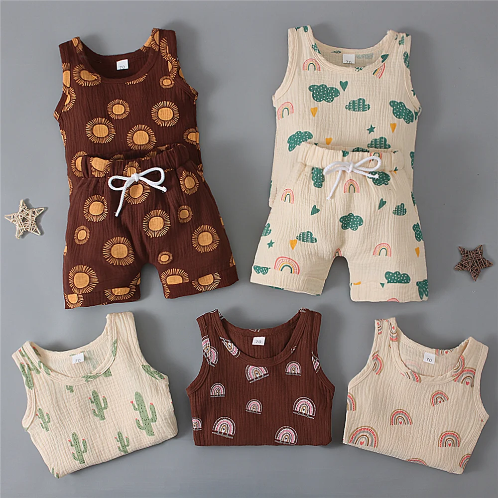

Summer Baby Kids Casual 2 Piece Clothes Set Infant Toddler Boy Girl Round Neck Sleeveless Rainbow Tank Elastic Waist Shorts 2022
