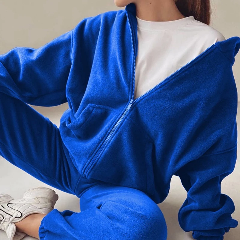 

Casual Long Sleeve Zip Sweatshirt & Long Pant Suits Women Fashion Sportwear Solid Outfits Elegant Tracksuits Loose Two Piece Set