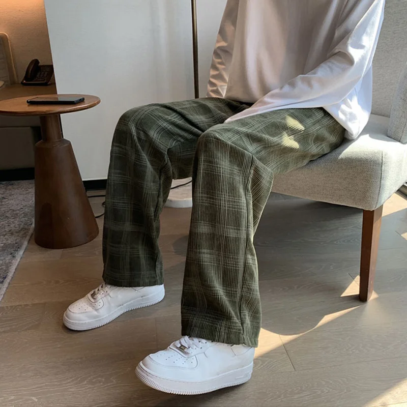 

Corduroy Green Plaid Pants for Man Spring Autumn Korean Style Straight Loose Wide Leg Trousers Casual Oversized Men's Clothing
