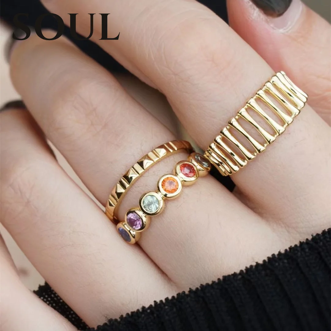 

SOUL Ins Real Solid 18K Yellow Gold Real Natural Emerald Ruby Blue Sapphier Square Cuban Chain Rings gifted for Women