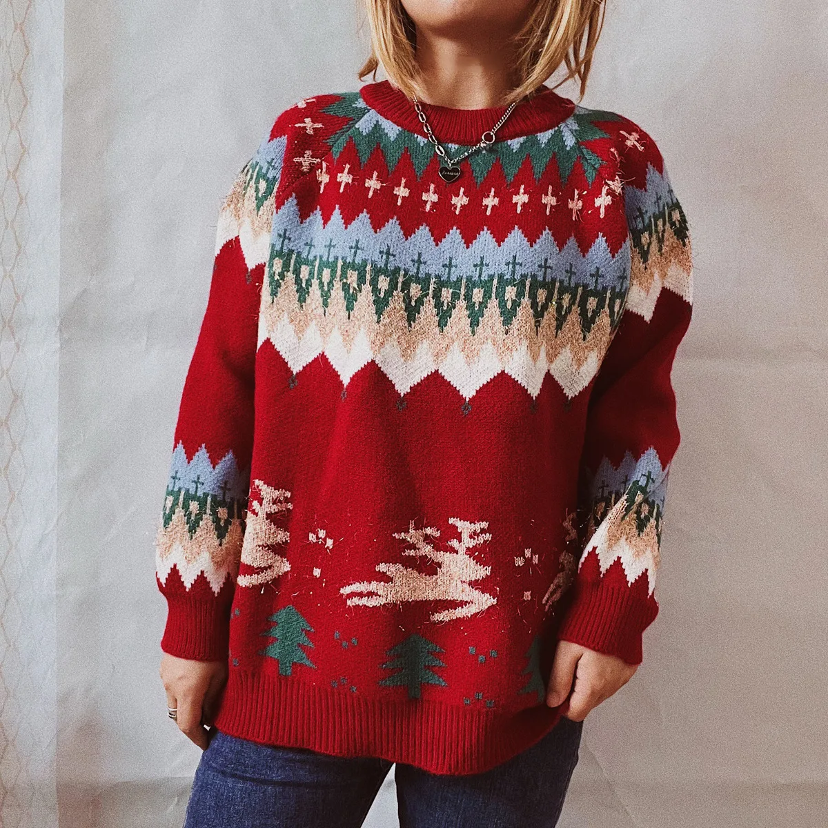 

Christmas Tree Elk Thick Raglan Sleeve Sweater Thread Sweater Long Sleeved Knitted Top Crew Neck Pullover Knitwear Women Clothes