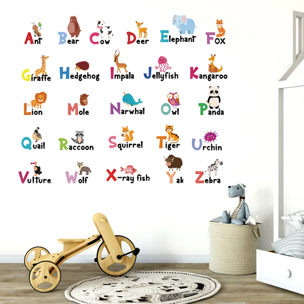 

Cartoon Animals 26 ABC Alphabet Words Wall Stickers for Kids Rooms Nursery Kindergarten Home Decor Pvc Wall Decals Diy Wallpaper