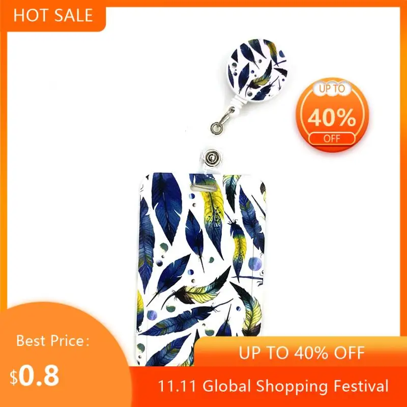 

Blue Starry Sky Feathers LeavesCard Holder Women Men Business Lanyards Badge Cards Case Lanyard ID Name Cards Holder Bags