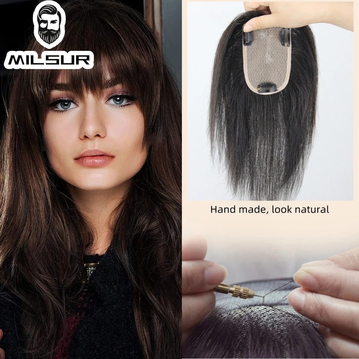 Human Hair Topper For Women Clip In Hairpieces Hand Made Women's Wig Breathable Hair Bangs Replacement Straight Hair Toupee