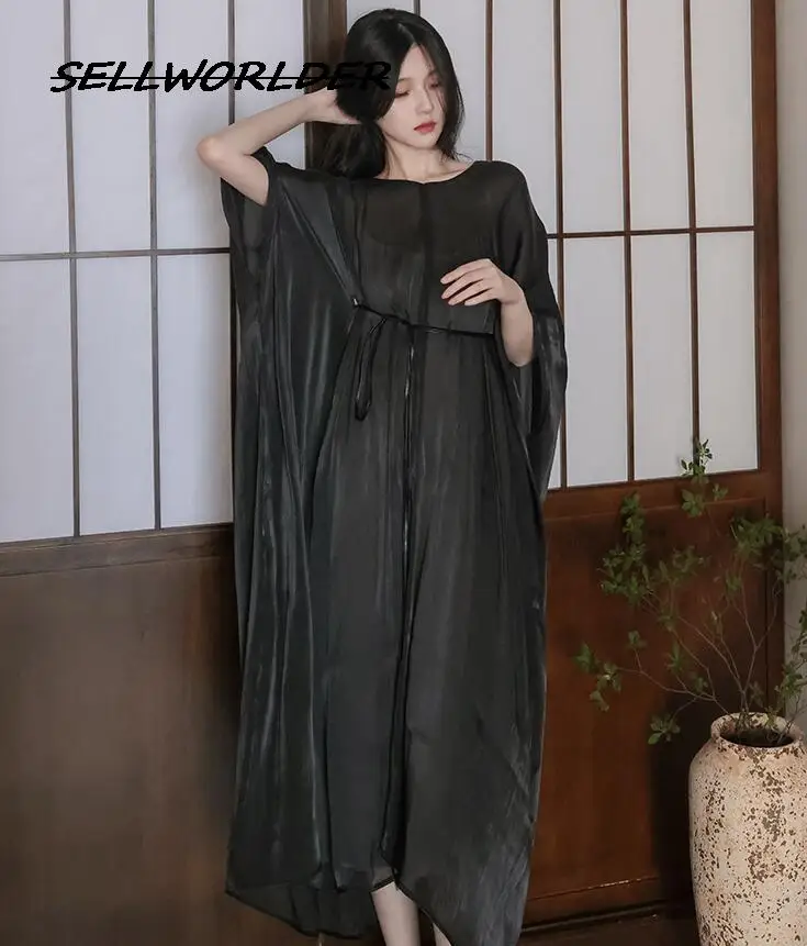 Big Size WOMEN New Spring Super Loose Soft Glossy and Flowing piece Black DRESS