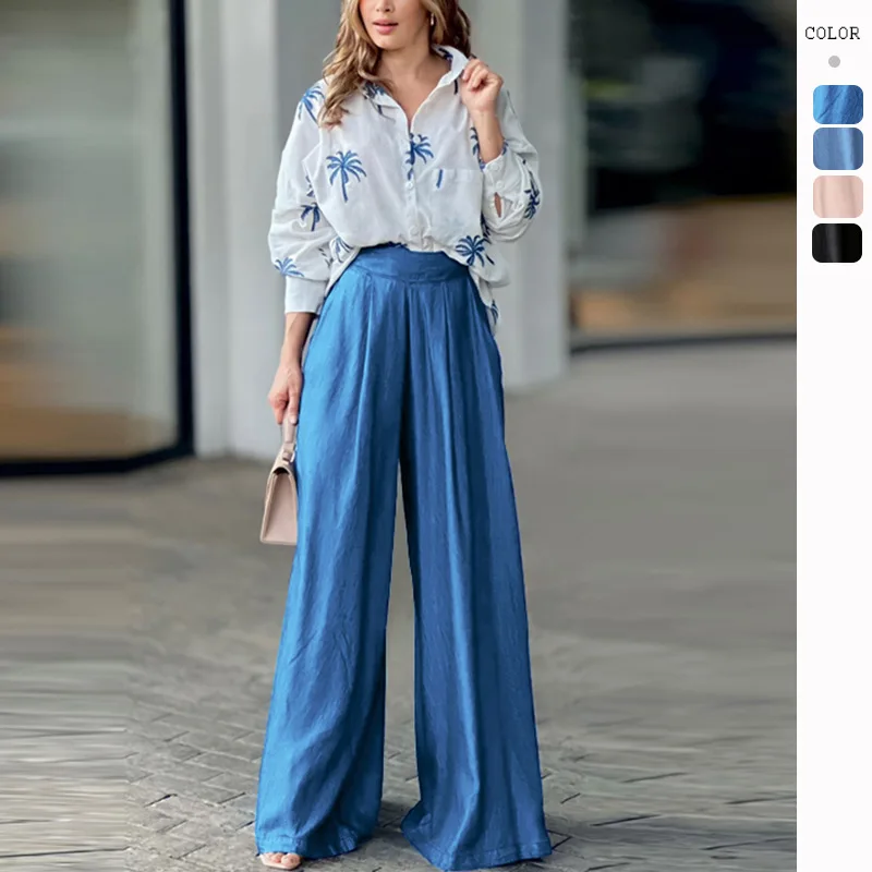 

2023 Autumn Winter Women's New Polo Collar Printed Top Wide Leg Pants Fashion Suit Women